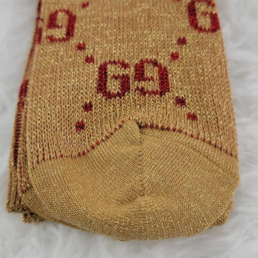 Gucci Crew Socks Unisex GG Logo Metallic 100% Authentic Beige Red Luxury New